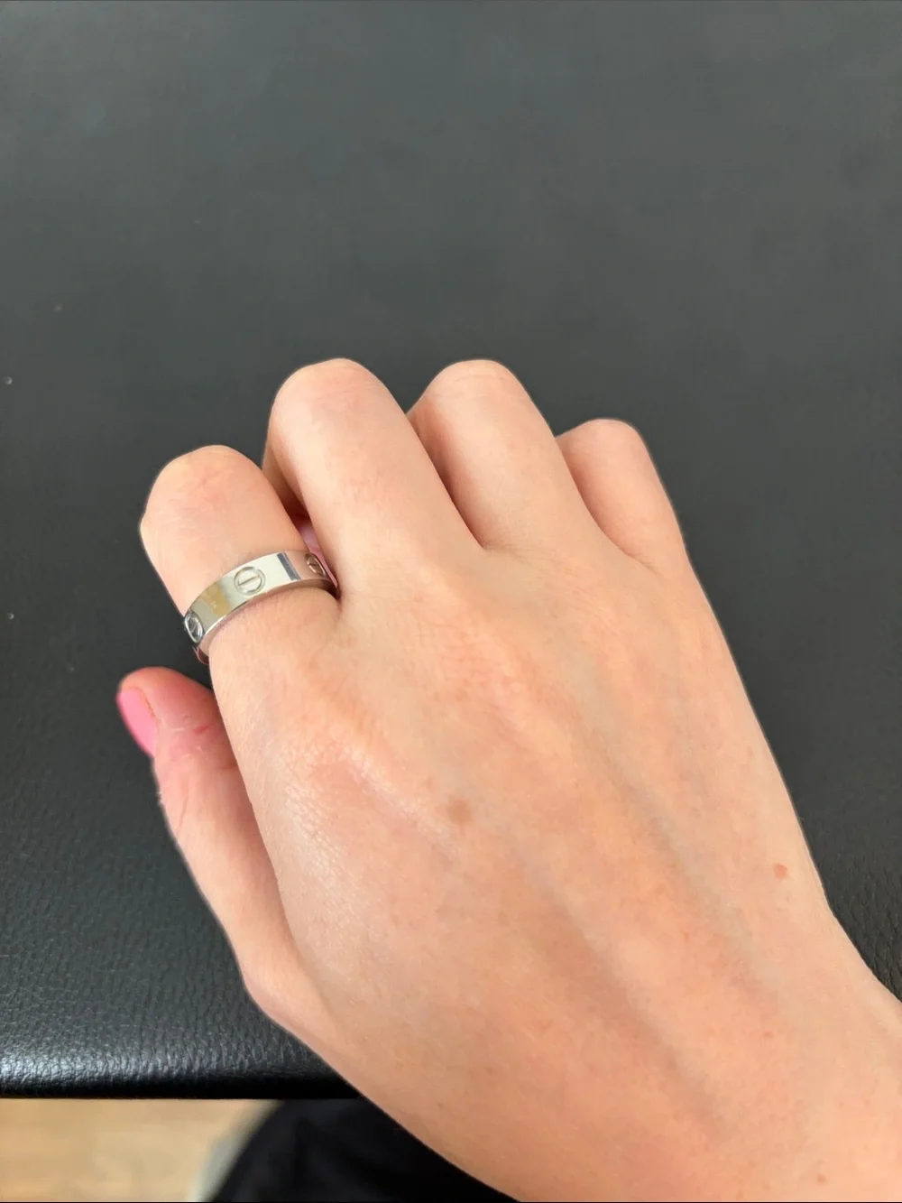 Polished Silver Band Ring with Screw Detail - Pink Accent